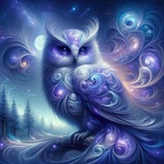 an owl sitting on top of a tree branch in front of a sky filled with stars