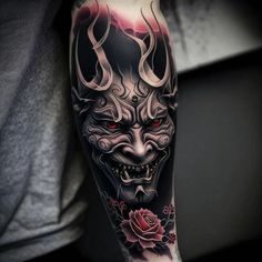 Japanese Face Mask Tattoo, Japanese Inner Arm Tattoo, Tattoo Designs For Cover Up, ဗြဲခေါင်း Tattoo Black, Evil Japanese Tattoo, One Mask Tattoo, ဗြဲခေါင်း Tattoo, Japanese Face Tattoo, Hanya Mask Tattoo Traditional