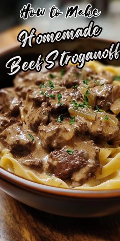 a plate of pasta with meat and gravy on it, text reads tips to make homemade homemade beef stroganoni