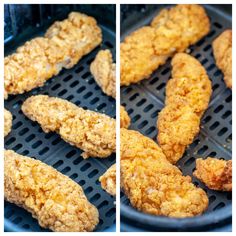 fried chicken pieces are being cooked in a frying pan, and then on the grill