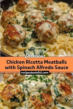 These Chicken Ricotta Meatballs are a delightful twist on traditional meatballs, made with tender ground chicken and creamy ricotta cheese. They're served in a rich and savory spinach Alfredo sauce, making for a comforting and flavorful dish perfect for any dinner. Chicken Ricotta Meatballs In Creamy Spinach Alfredo Sauce, Stuffed Chicken With Ricotta Cheese, Sides For Chicken Meatballs, Turkey Meatballs With Ricotta Cheese, Baked Chicken Ricotta Meatballs With Spinach Alfredo Sauce Pasta, Chicken Ricotta Meatballs With Spinach Alfredo Sauce, Dinner Recipes With Ricotta Cheese, Meatballs With Ricotta Cheese, Traditional Meatballs