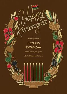 a happy kwana card with candles and gifts in the center on a brown background