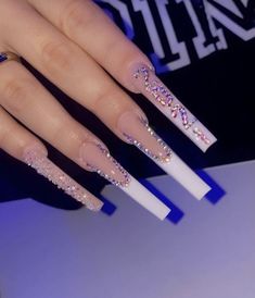 Xxl Nails With Rhinestones, Xl Square Nails, Graduation Nails, Diy Acrylic Nails, White Acrylic Nails, Her Nails, Glow Nails, Exotic Nails