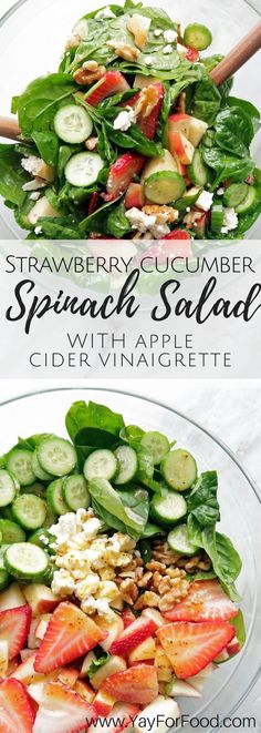 a salad with strawberries, cucumber and spinach is shown in two separate bowls