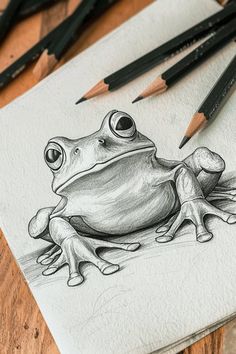 a drawing of a frog sitting on top of a piece of paper with pencils next to it