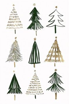 christmas trees are drawn in gold and green