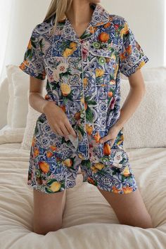 Sicilian Fruit Custom Satin Pajamas – Spikes and Seams Mediterranean Lifestyle, Bridal Party Robes, Citrus Trees, Wedding Robe, Elegant Drapes, Soft Pajamas, Cute Pajamas, Bachelorette Weekend, Bridesmaid Robes