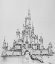 a drawing of a castle on the water