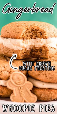 a close up of a plate of cookies with frosting on them and the words gingerbread