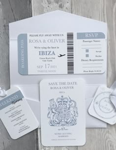 the wedding stationery is laid out and ready to be used as an event card