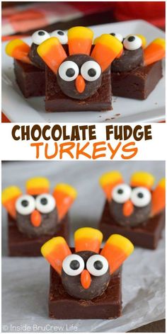 chocolate fudge turkeys with googly eyes on top and in the middle are brownies