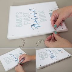 someone is making a baby's first book sign