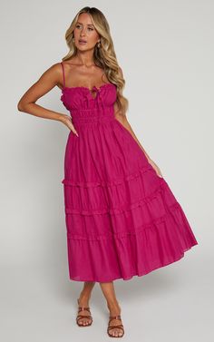 Schiffer Midi Dress - Strappy Ruched Tie Front Tiered Dress in Raspberry Pink Beach Dresses With Ruffled Straps, Pink Maxi Dress With Ruffled Straps For Vacation, Pink Dresses With Ruffled Straps For Day Out, Pink Sundress With Ruffled Straps For Brunch, Pink Sundress With Ruffled Straps For Beach, Pink Sundress With Ruffled Straps For Day Out, Pink Summer Maxi Dress With Ruffled Straps, Spring Cotton Maxi Dress With Ruffled Straps, Feminine Pink Tiered Sundress