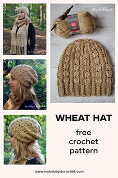 four pictures with different hats and yarns on them, including the text wheat hat free crochet pattern