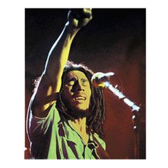 the poster for rebel music, featuring reggae singer bob marley in green shirt and microphone