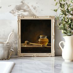 an oil painting of honey and a jar on a table next to a potted plant