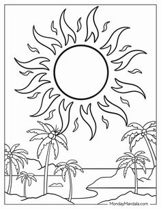 a coloring page with palm trees and the sun in the sky, on a beach