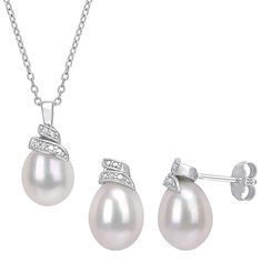 With luminous freshwater cultured pearls and swirling, diamond adorned details, this Stella Grace necklace and earring set is a sparkling combination you'll love. With luminous freshwater cultured pearls and swirling, diamond adorned details, this Stella Grace necklace and earring set is a sparkling combination you'll love. Includes: 1 necklace & 1 pair of earrings Clasp: spring-ring Nickel free Metal: sterling silver Length: 18 in. Backings: post Packaging: boxed Earring length: 9.3 mm Chai Pear-shaped Pearl Jewelry In Diamond White, Formal White Jewelry Sets With Pearl Pendant, Formal White Pearl Pendant Jewelry Set, Pearl Jewelry With Diamond Accents In Pear Shape, Pear Shaped Pearl Jewelry With Diamond Accents, Pear-shaped Pearl Jewelry With Diamond Accents, White Pearl Pendant Jewelry Sets For Anniversary, Anniversary White Pearl Pendant Jewelry Set, Swirl Necklace