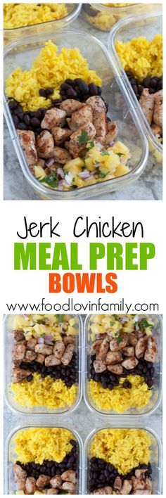 chicken meal prep bowls with rice and beans in them