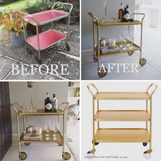 before and after photos of a gold bar cart