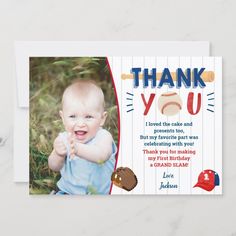 a baseball birthday thank you card with a photo and the words thank you on it