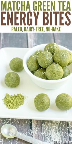 matcha green tea energy bites in a white bowl on a plate with spoons