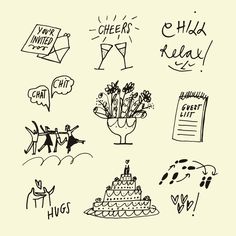 various hand drawn doodles on paper with words and symbols around it, including flowers