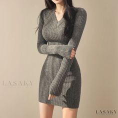 Lasaky - Seductive V-neck Long Sleeve Knitted Dress - Slim Fit Bodycon Sweater Base Pencil Skirt Midi Dress Winter, Elegant Bodycon Dress, Vestidos Retro, Bodycon Sweater Dress, Slim Sweater, Knitted Bodycon Dress, Boho Floral Dress, Body Con Dress, Sweater Dress Women