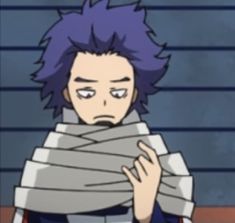 an anime character with purple hair is holding his arm wrapped around him and looking at the camera