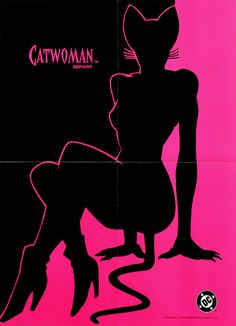 a pink and black poster with a cat on it's back, in the shape of a woman