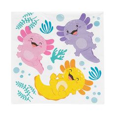 four different colored cartoon animals on white paper napkins