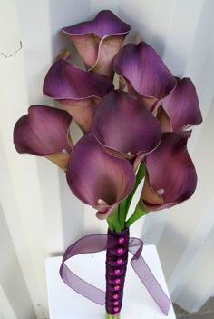 purple calla lilies in a vase with ribbon tied around the top and bottom