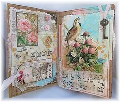 an open book with flowers and music notes on the pages, including a bird sitting on top of some flowers