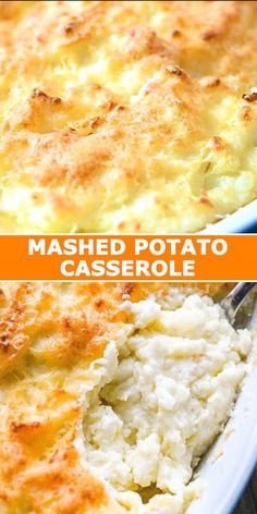 mashed potato casserole in a white dish with a serving spoon on the side