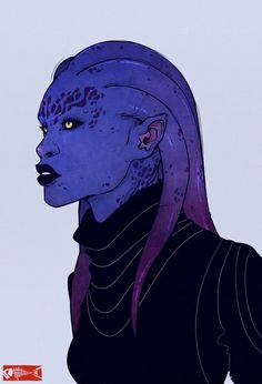 a drawing of a woman with purple hair and blue skin, wearing a black shirt