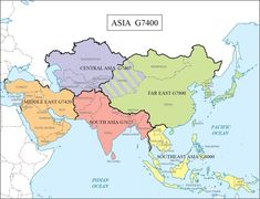 the asia map with countries in different colors and numbers on each country's borders