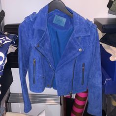 Never Worn! Beautiful Color Blue Long Sleeve Biker Leather Jacket, Blue Leather Moto Outerwear, Suede Moto Jacket, Blue Pre-washed Denim Outerwear, Utility Jacket, Moto Jacket, Beautiful Colors, Jackets & Coats, Jackets For Women