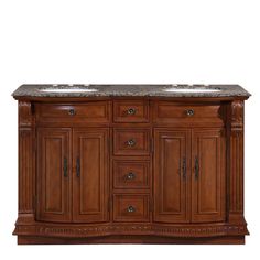 a double sink vanity with marble top and two sinks on each side, against a white background