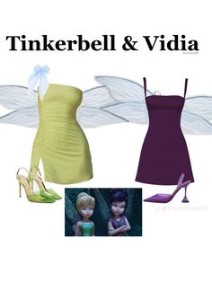 an image of a woman's dress and shoes with the words tinkerbell & vidia on it