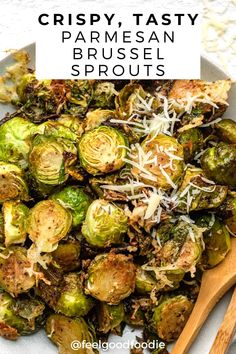 crispy, tasty parmesan brussel sprouts in a white bowl