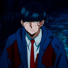 an anime character wearing a red tie and blue jacket with blood on his face, standing in front of a brick wall