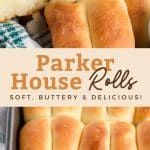 several hot dogs in buns with butter and jelly on them, along with the words parker house rolls