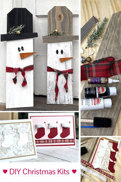 snowmen made out of wooden boards with christmas decorations on them and some other items