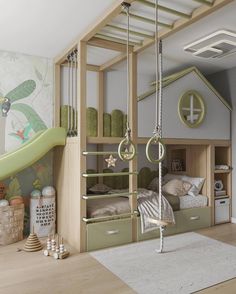 a child's bedroom with a slide and bunk bed