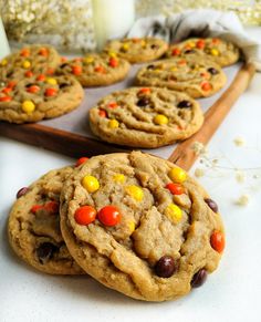 chocolate chip cookies with candy corn and m & ms on top