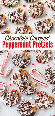 chocolate covered peppermint pretzels with white and red sprinkles