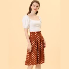 From Monday to Sunday, this skirt is effortless to throw on. Crafted from a lightweight fabric, this skirt features polka-dots prints, an elastic waist, a waist belt, and an A-line silhouette. Simple and vintage, the waist belt lends an elegant touch, making this skirt an option for your next social gathering. With the design of an elastic waist, this skirt can accentuate your graceful figure. Pair it perfectly with sandals or high heels for a stylish look. Casual Polka Dot Skirt With Elastic Waistband, Polka Dot Lined Skirt Bottoms For Day Out, Polka Dot Lined Skirt For Day Out, Polka Dot Flared Skirt For Summer, Flared Polka Dot Skirt For Summer, Summer Polka Dot Skirt With Elastic Waistband, Summer Polka Dot Flared Skirt, Casual Polka Dot Pleated Skirt, Retro Polka Dot Skirt For Summer