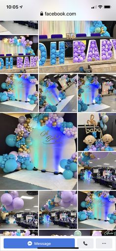 a collage of photos with balloons and the words happy birthday written on it in blue