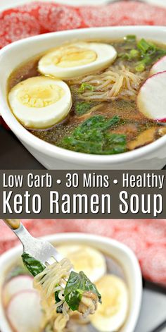 low carb 30 mins - healthy keto ramen soup with boiled eggs