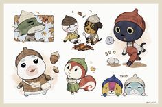 an image of some cute animals in the fall season with leaves and snowballs on them